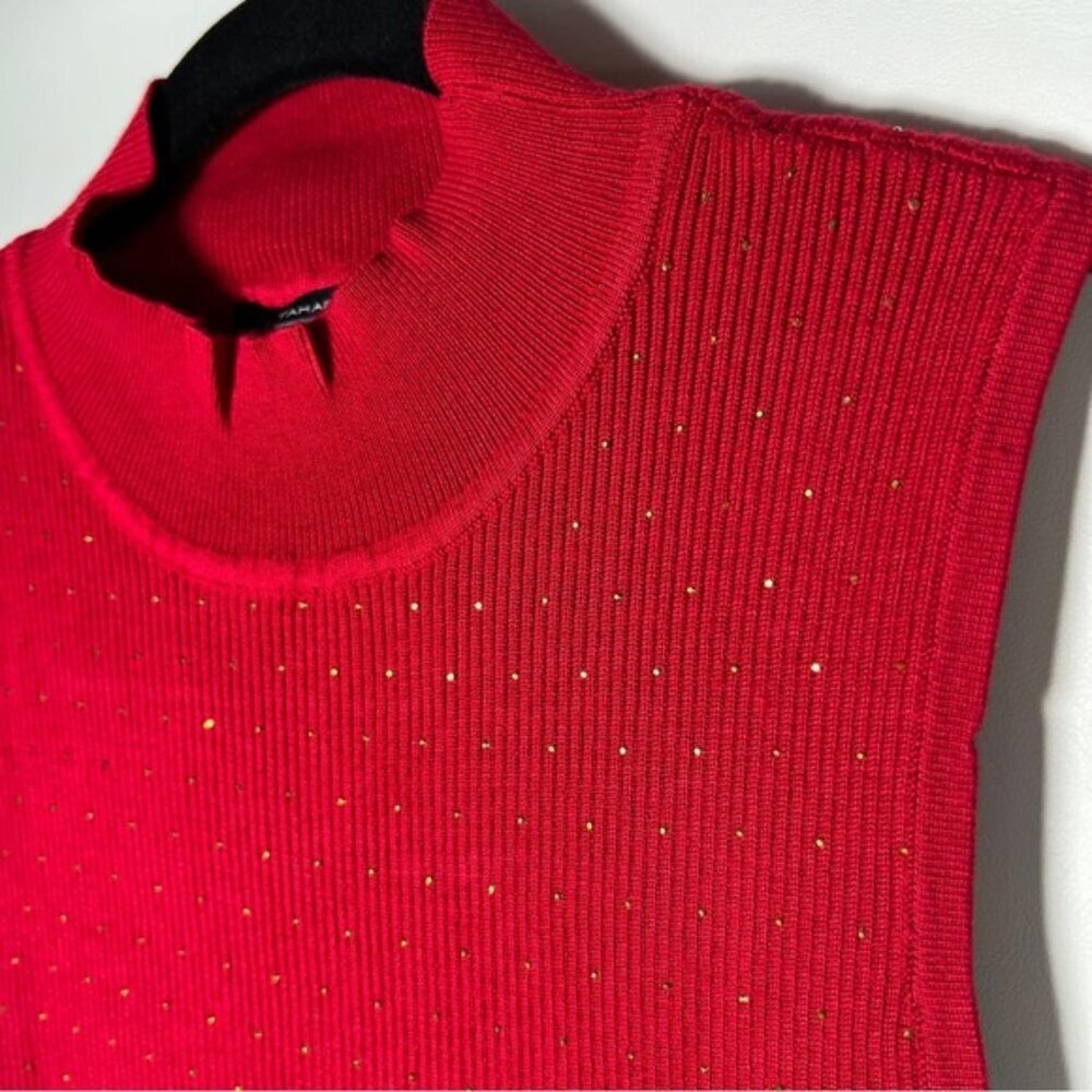 NWT‎ TAHARI T Fiery Red Viscose Blend Small Gold Sparkles Sleeveless Top Blouse - Picture 5 of 8